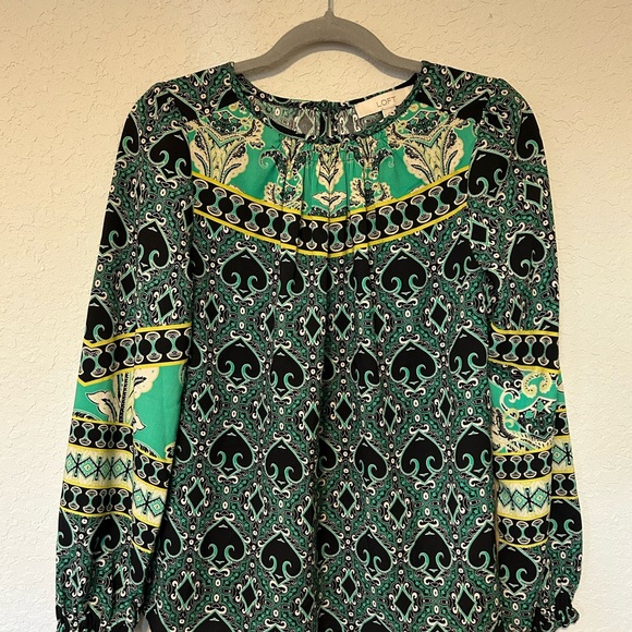 LOFT Long Sleeve Blouse Featuring Green, Black and Yellow Paisley Design - Picture 2 of 7